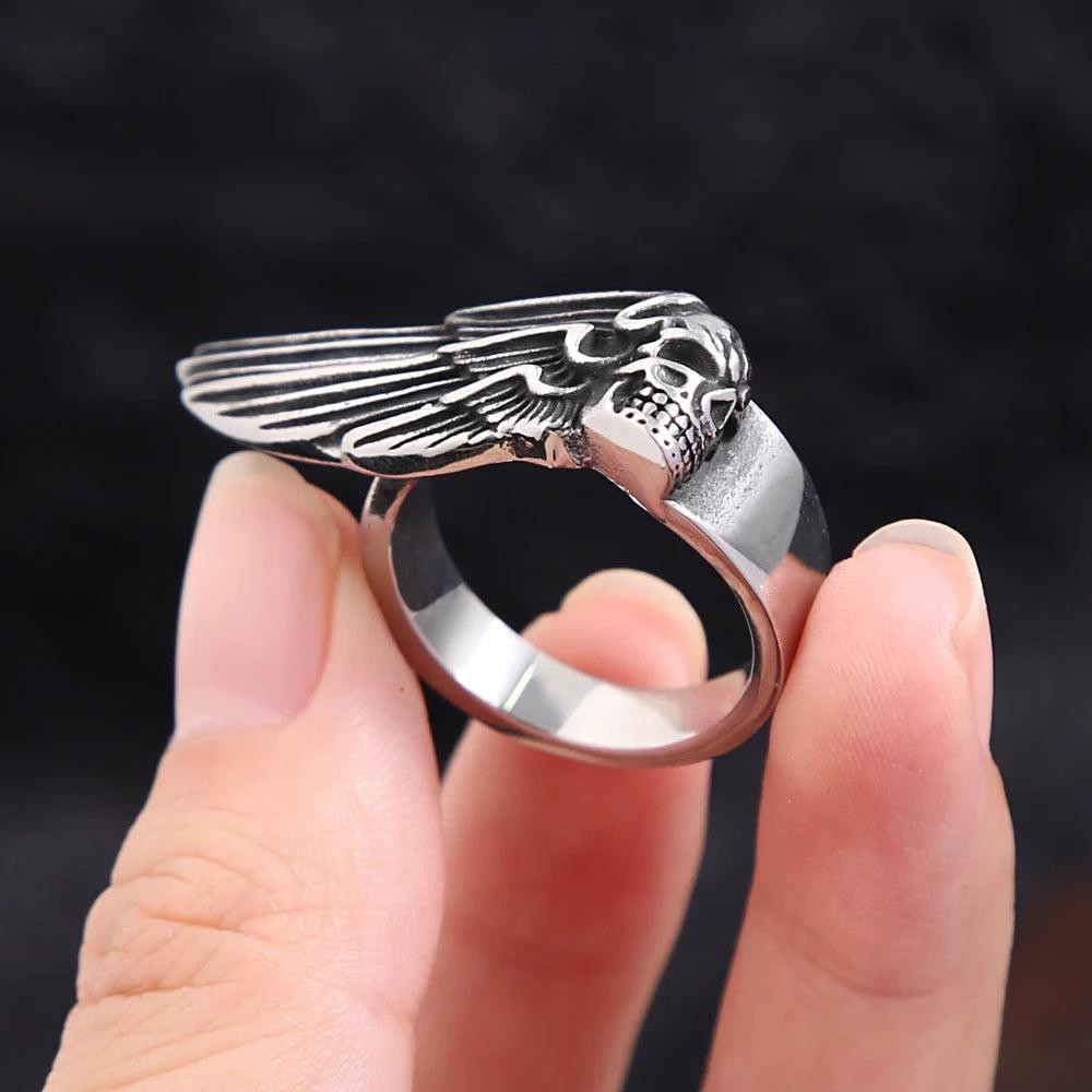 316L Stainless Steel Skull Wing Ring Punk Gothic Feather Ring Men Women