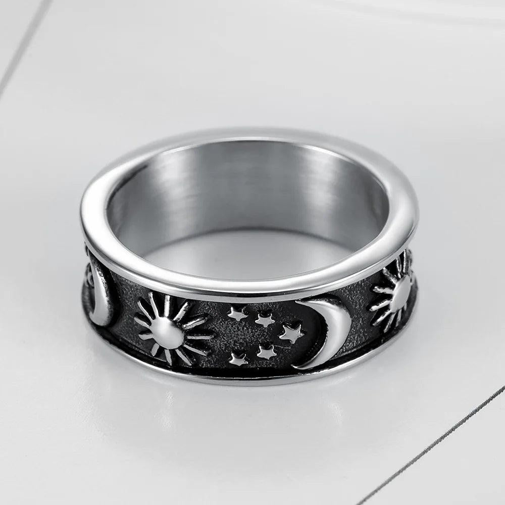 1️⃣ Sun Moon Star Ring 316L Stainless Steel Couple Punk Ring for Men Women