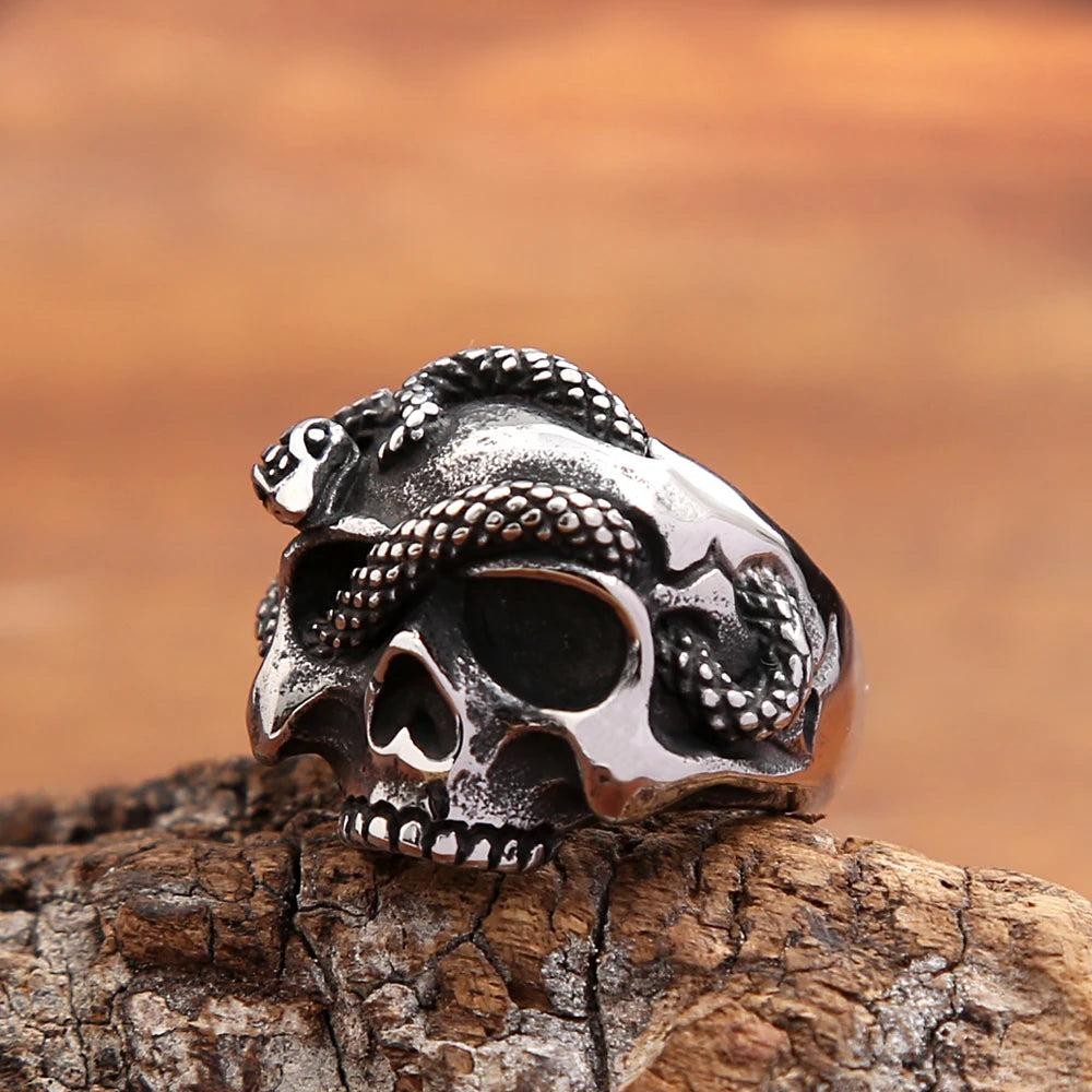 Gothic Skull Snake Ring Stainless Steel Punk Vintage Ring Men Women