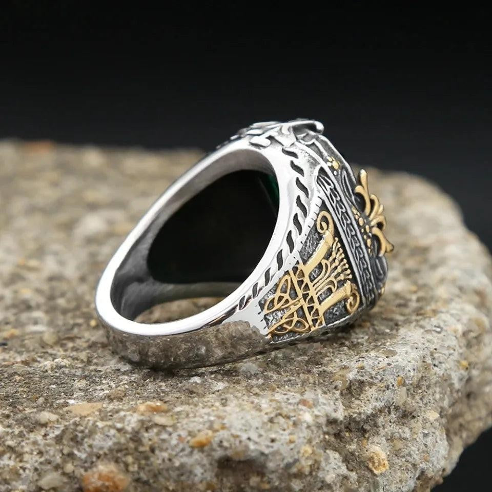 316L Stainless Steel Green Stone Turkish Signet Ring Punk Biker Men Women