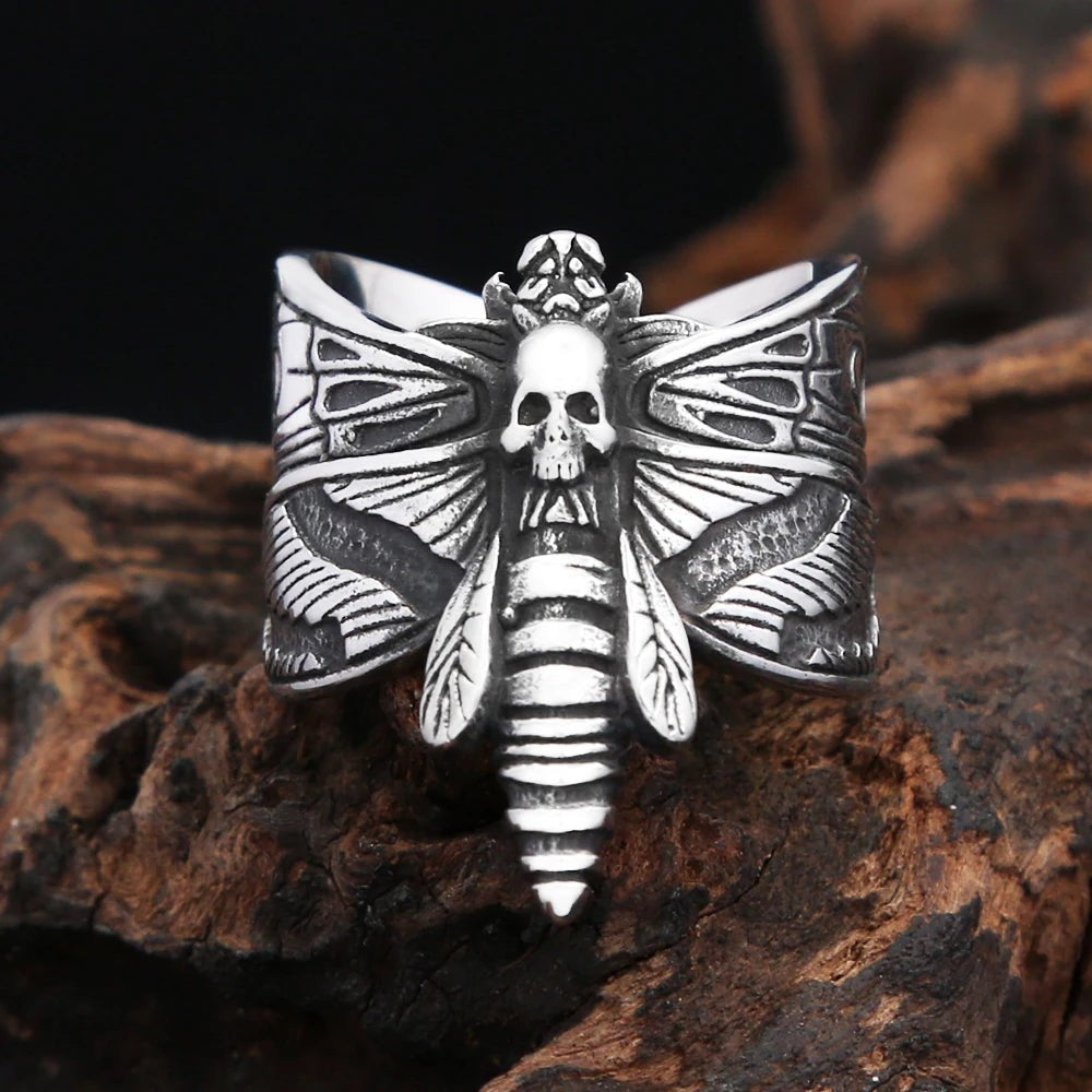 Butterfly Skull Ring 316L Stainless Steel – Gothic Punk Adjustable Ring Unisex