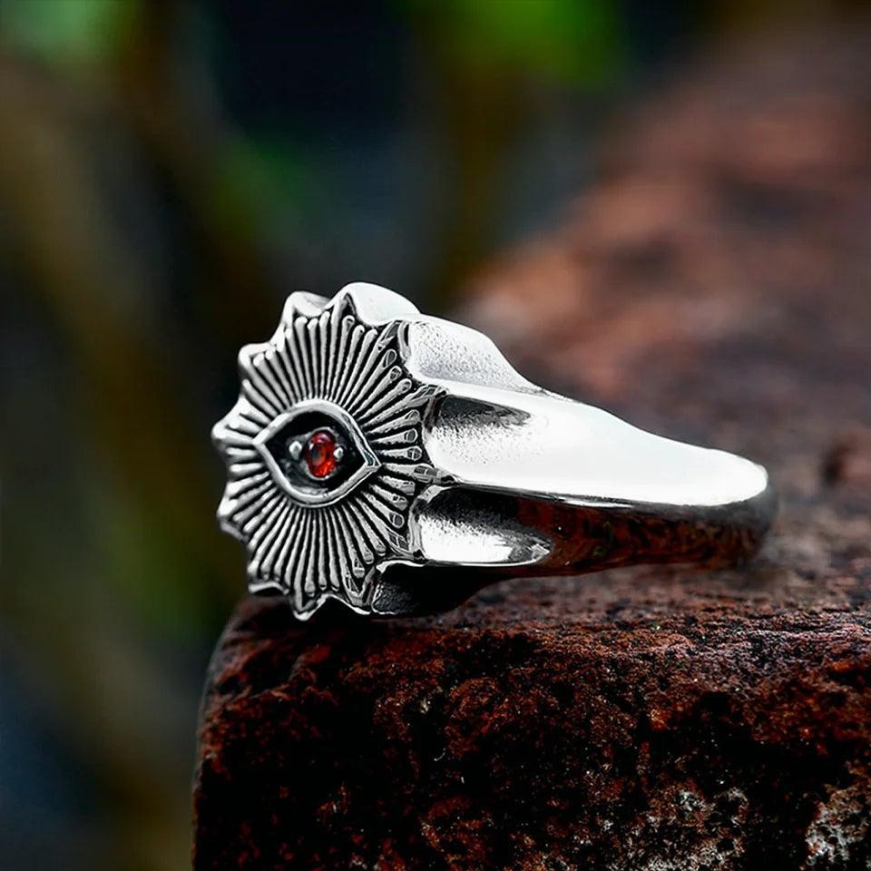 1️⃣ Demon Eye Ring Red Stone Stainless Steel Gothic Biker Ring for Men