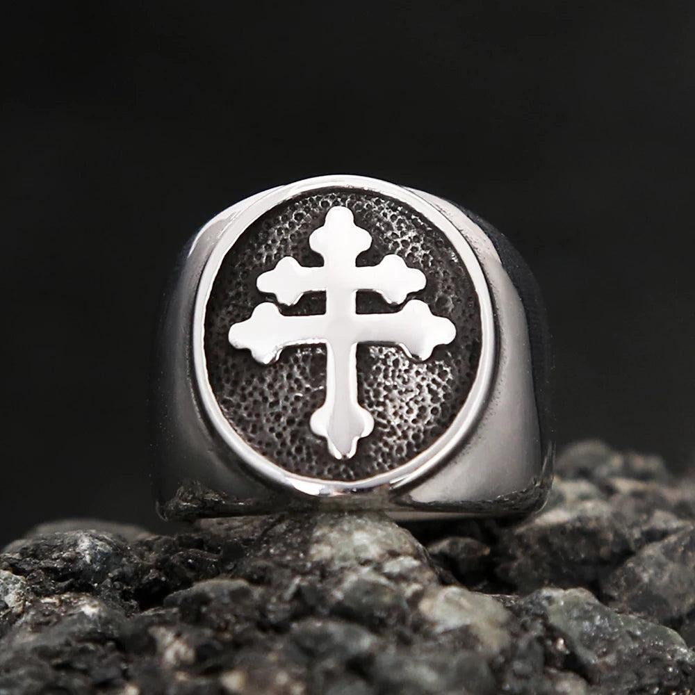 Cross of Lorraine Ring Stainless Steel – Classic Catholic Signet Ring Unisex