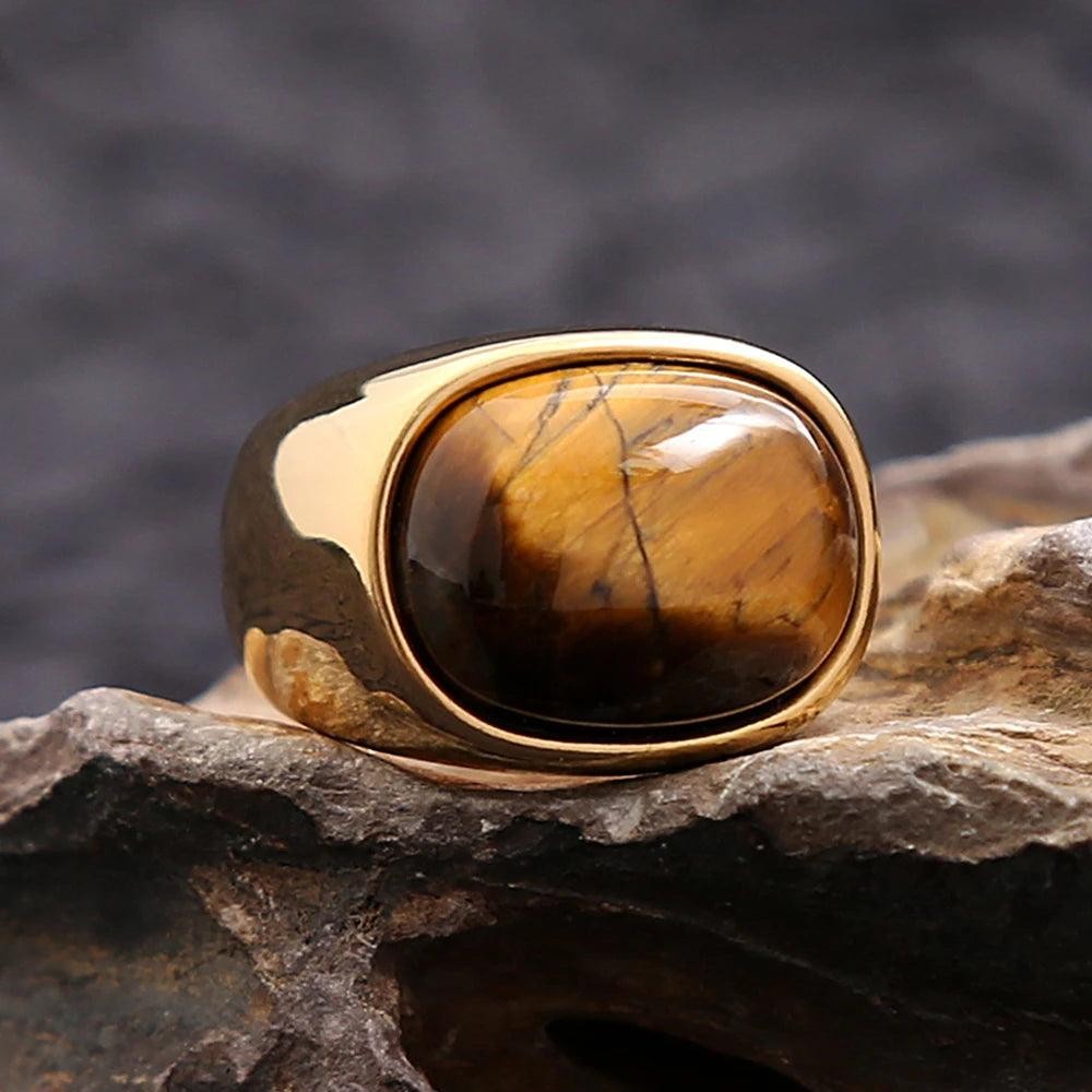 Stainless Steel Tiger Eye Ring | Vintage Brown Stone Biker Ring for Men Women