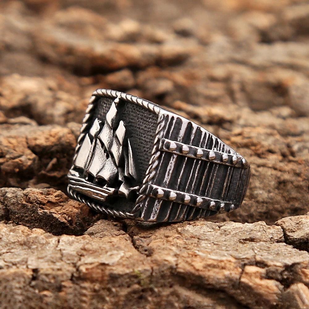 Stainless Steel Viking Pirate Ship Ring Sailboat Sailor Amulet Ring Men