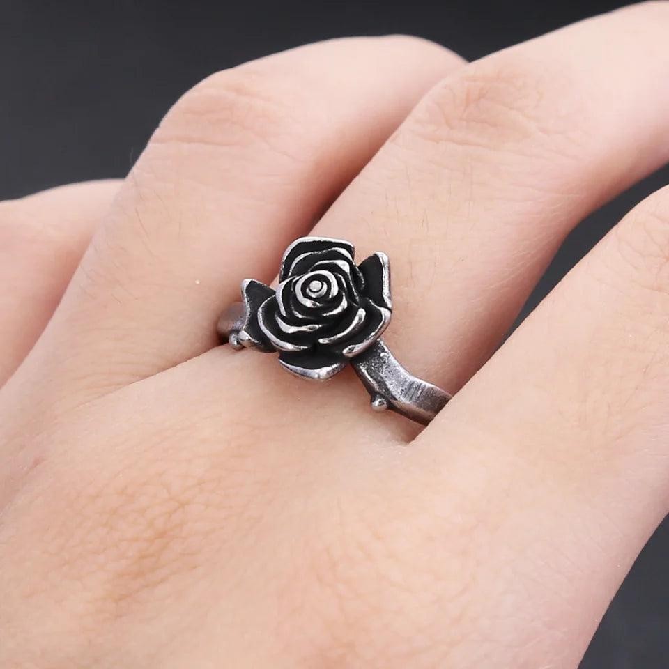 Vintage Black Rose Ring 316L Stainless Steel – Simple Trendy Ring for Women