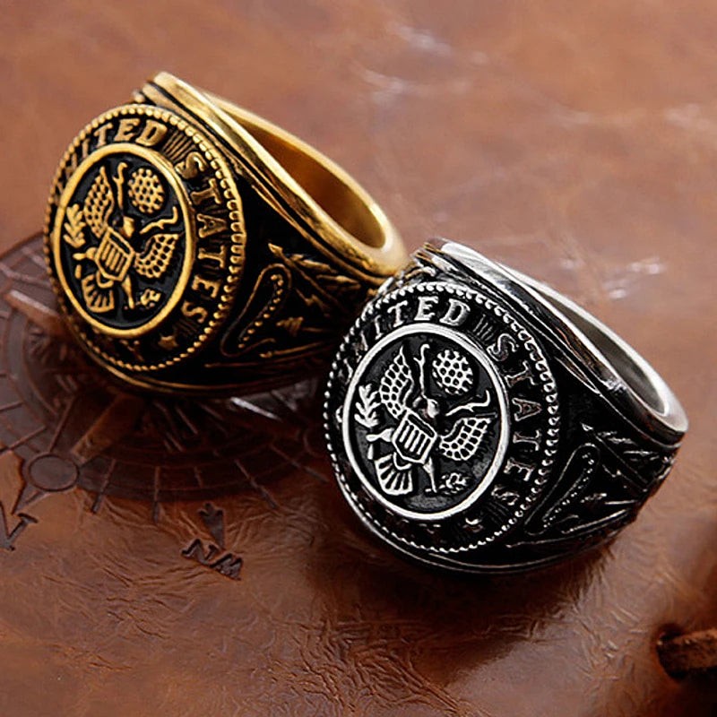 1️⃣ US Army Military Ring Stainless Steel Eagle Ring Gold Silver Men
