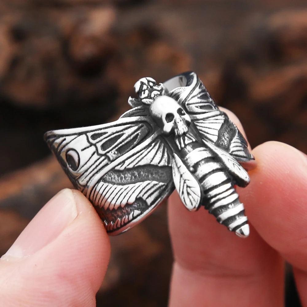 Butterfly Skull Ring 316L Stainless Steel – Gothic Punk Adjustable Ring Unisex