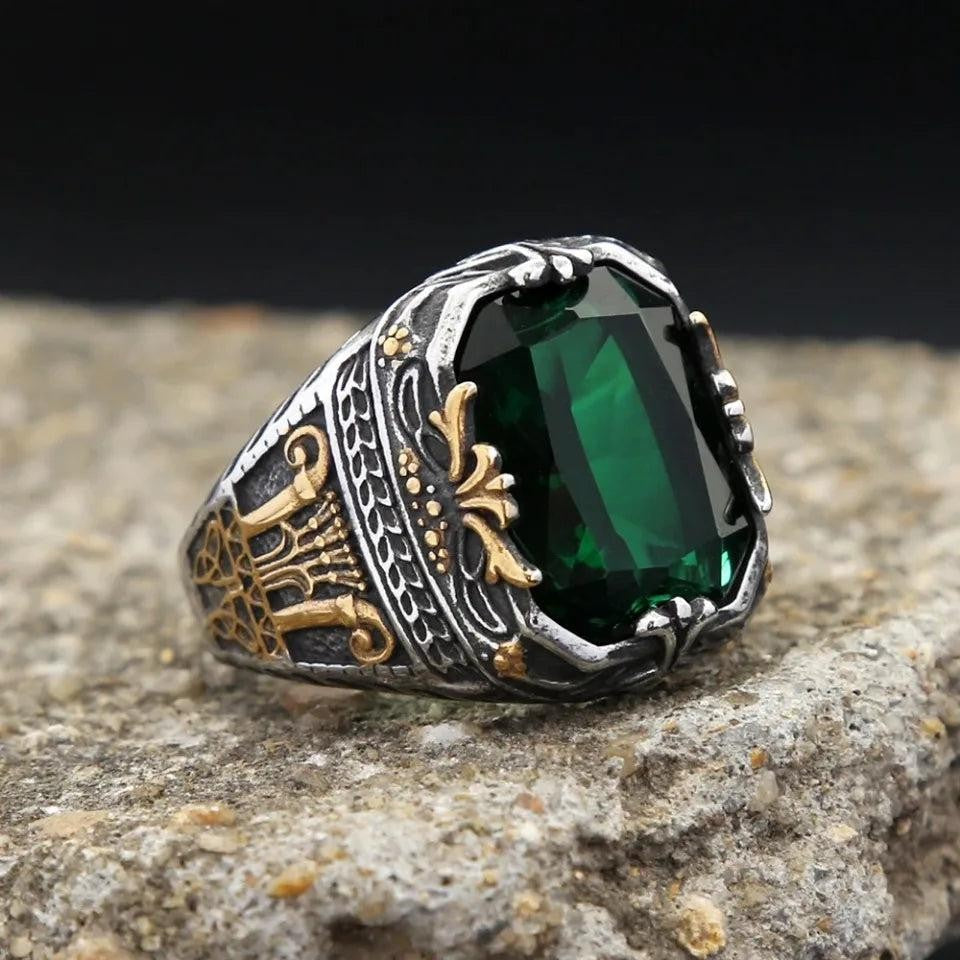 316L Stainless Steel Green Stone Turkish Signet Ring Punk Biker Men Women