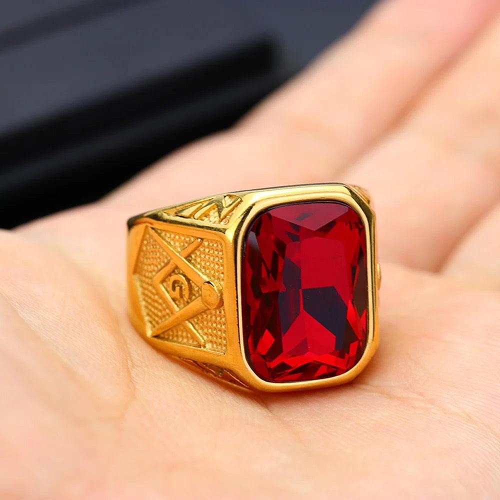 1️⃣ Masonic Square Stone Ring Blue Red Black Stainless Steel Biker Ring Men