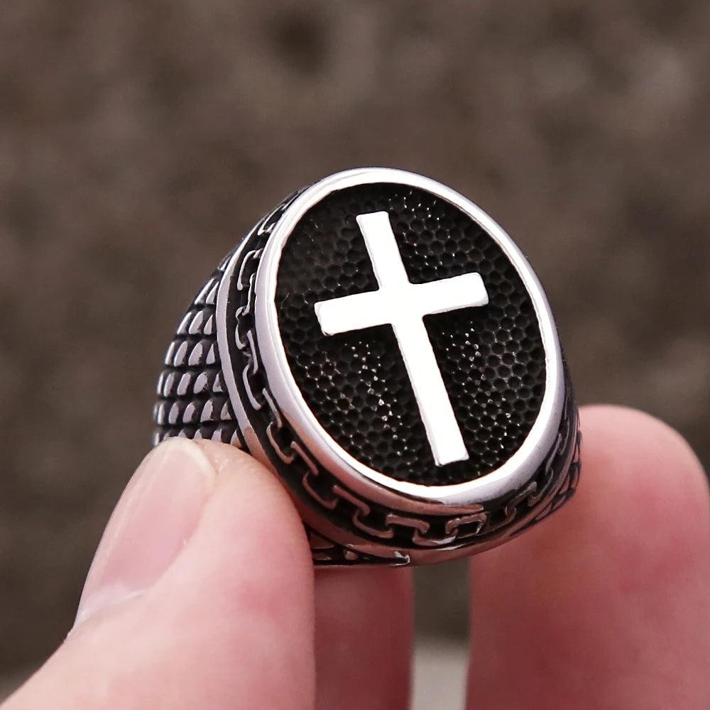 Stainless Steel Christian Cross Ring Punk Biker Religious Ring Men Women