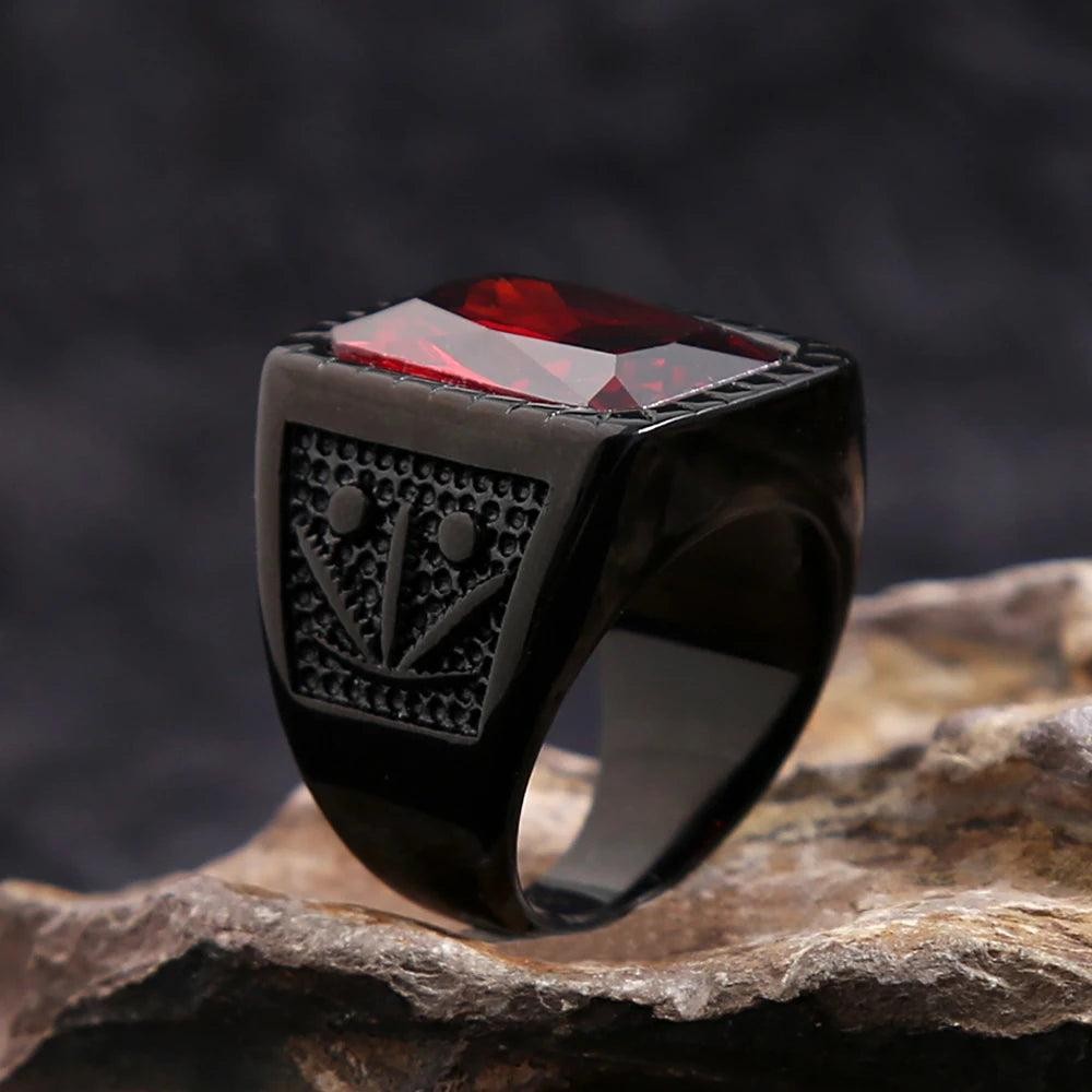 Stainless Steel Red Stone Square Ring – Punk Biker Black Leaf Ring for Men