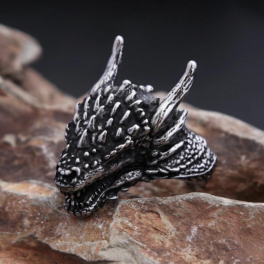 1️⃣ Viking Dragon Head Ring Stainless Steel Nordic Biker Amulet Ring Men