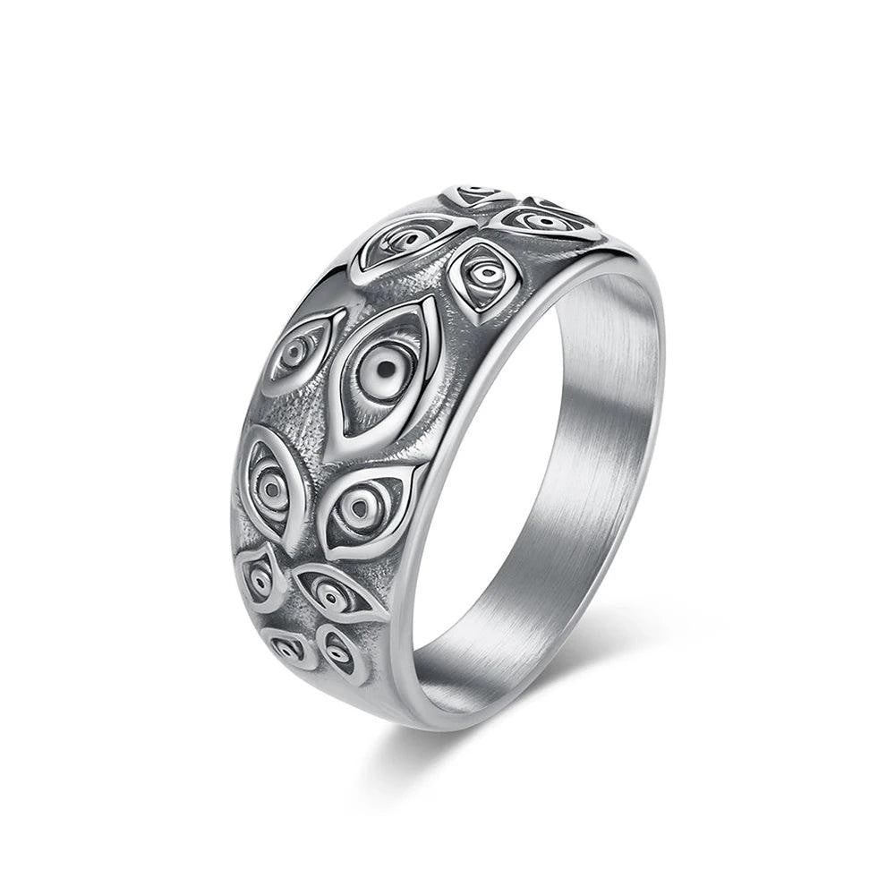 Devil’s Eye Stainless Steel Ring – Gothic Carved God Eye Ring for Men Women