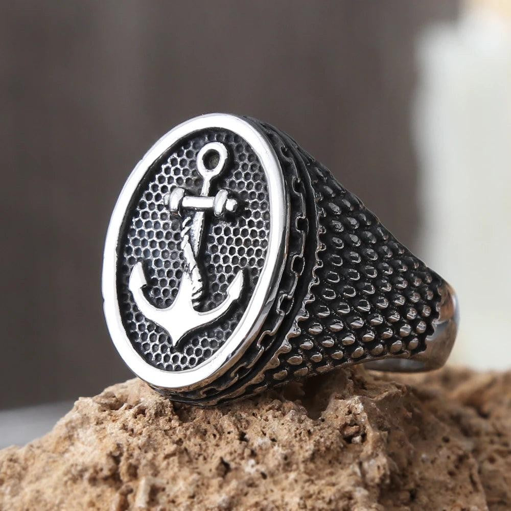 1️⃣ Viking Anchor Ring Stainless Steel Punk Biker Seal Ring for Men