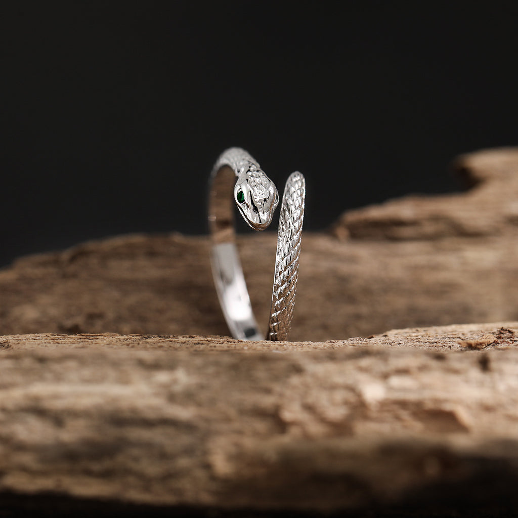 Party Green CZ Eyes Snake Animal 925 Sterling Silver Adjustable Ring