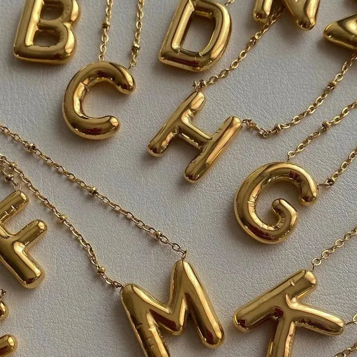Gold Plated Stainless Steel Chunky Bubble Letter Initial Pendant Necklace
