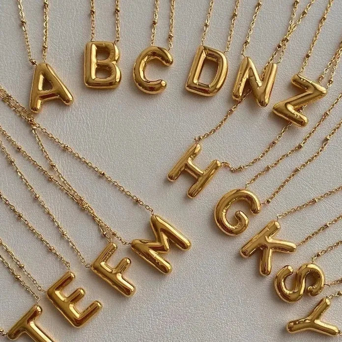 Gold Plated Stainless Steel Chunky Bubble Letter Initial Pendant Necklace