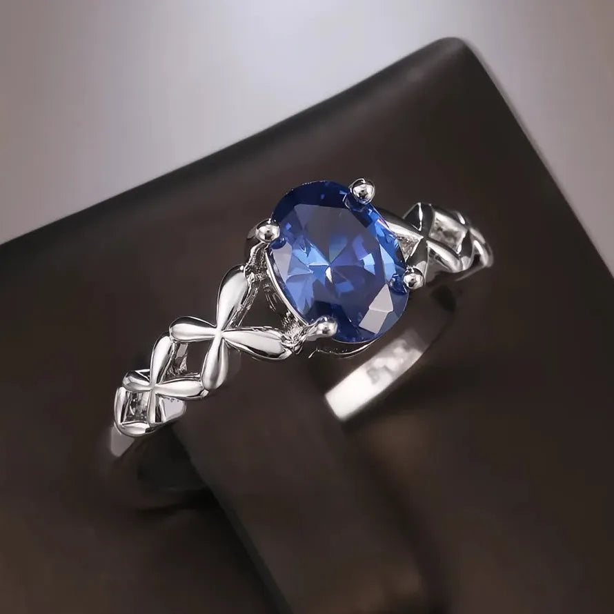 Blue Oval CZ Brass Ring with Cross Twine Design for Women Wedding Band