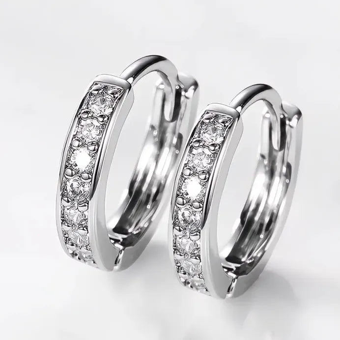 Geometric Silver Round Hoop Earrings with Shiny CZ Crystals for Women