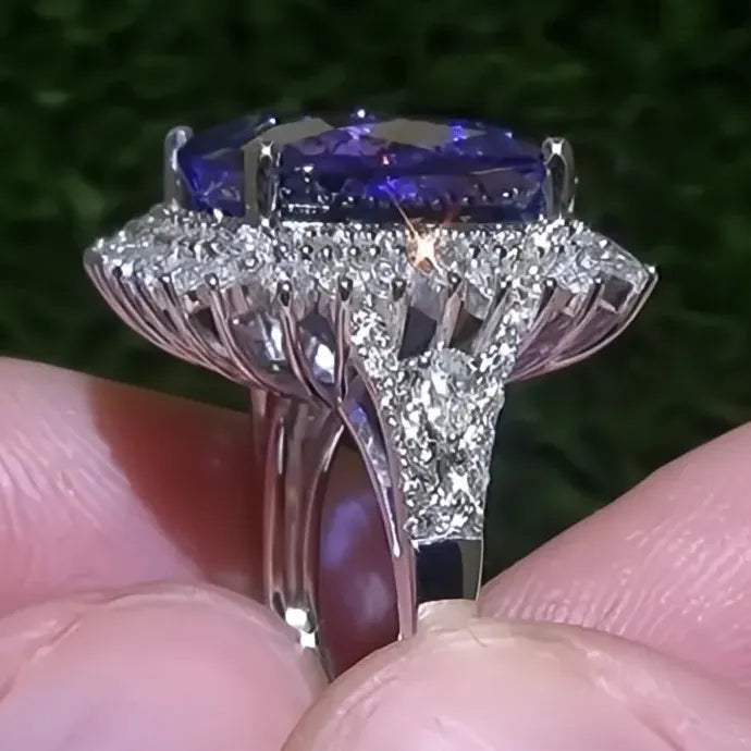 Blue Cubic Zirconia Geometric Brass Ring for Women Anniversary Gift