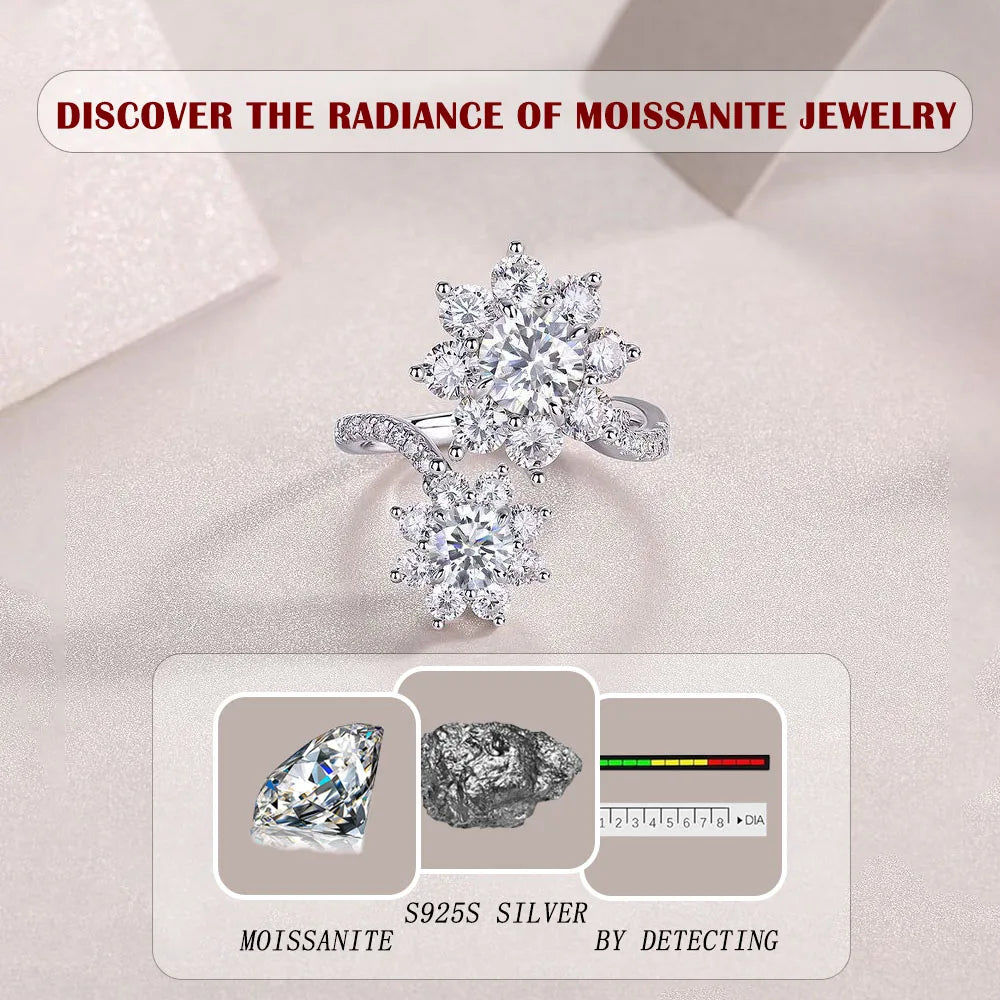 925 Sterling Silver Gold Plated Moissanite Double Flower Ring Anniversary Gift