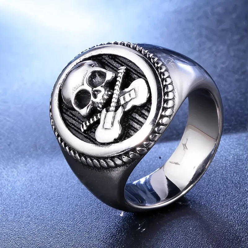 316L Stainless Steel Guitar Skull Ring Men Punk Rock Biker Signet Gold Silver Gift