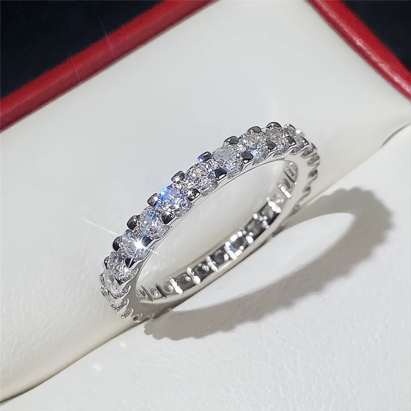 Trendy Thin Silver Color Band Ring with Shiny Cubic Zirconia for Women Daily Wear