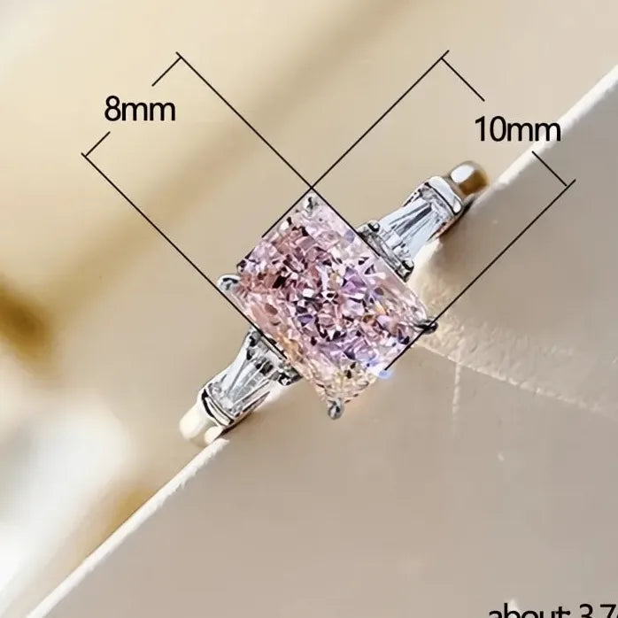 Square Pink Cubic Zirconia Brass Ring for Women Sweet Engagement Gift