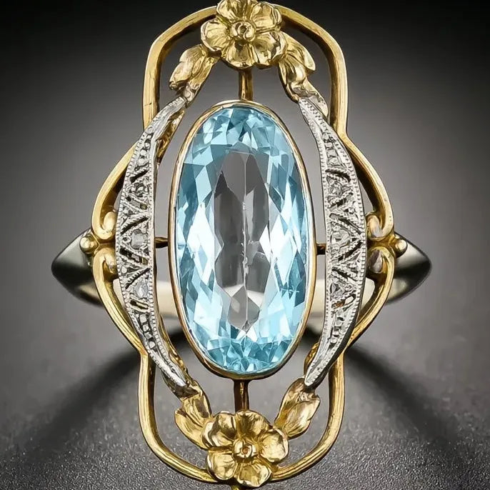 Vintage Two Tone Flower Design Women’s Ring with Inlaid Sky Blue Cubic Zirconia Party Jewelry Gift
