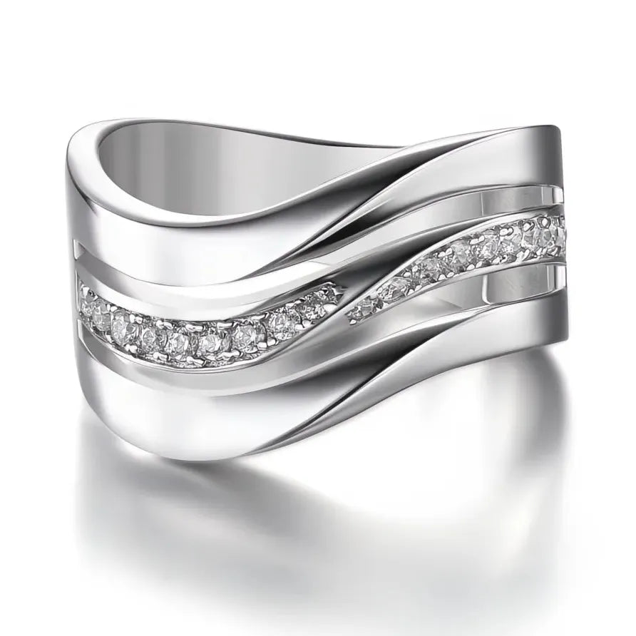 Elegant Silver Wave CZ Stone Ring for Women Party and Office Jewelry
