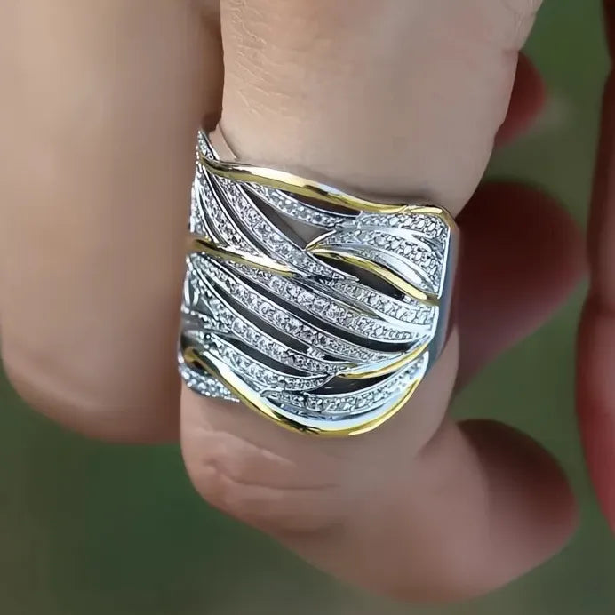 Two Tone Geometric Women’s Ring with Cubic Zirconia Fashion Jewelry
