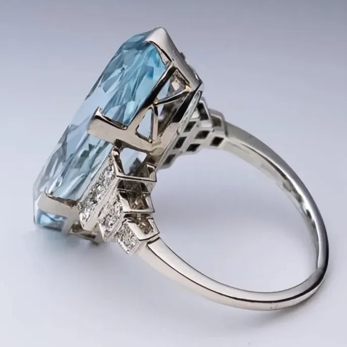 Female Light Sky Blue Wedding Ring Oval CZ Stone Solitaire Band Luxury Jewelry Party Gift
