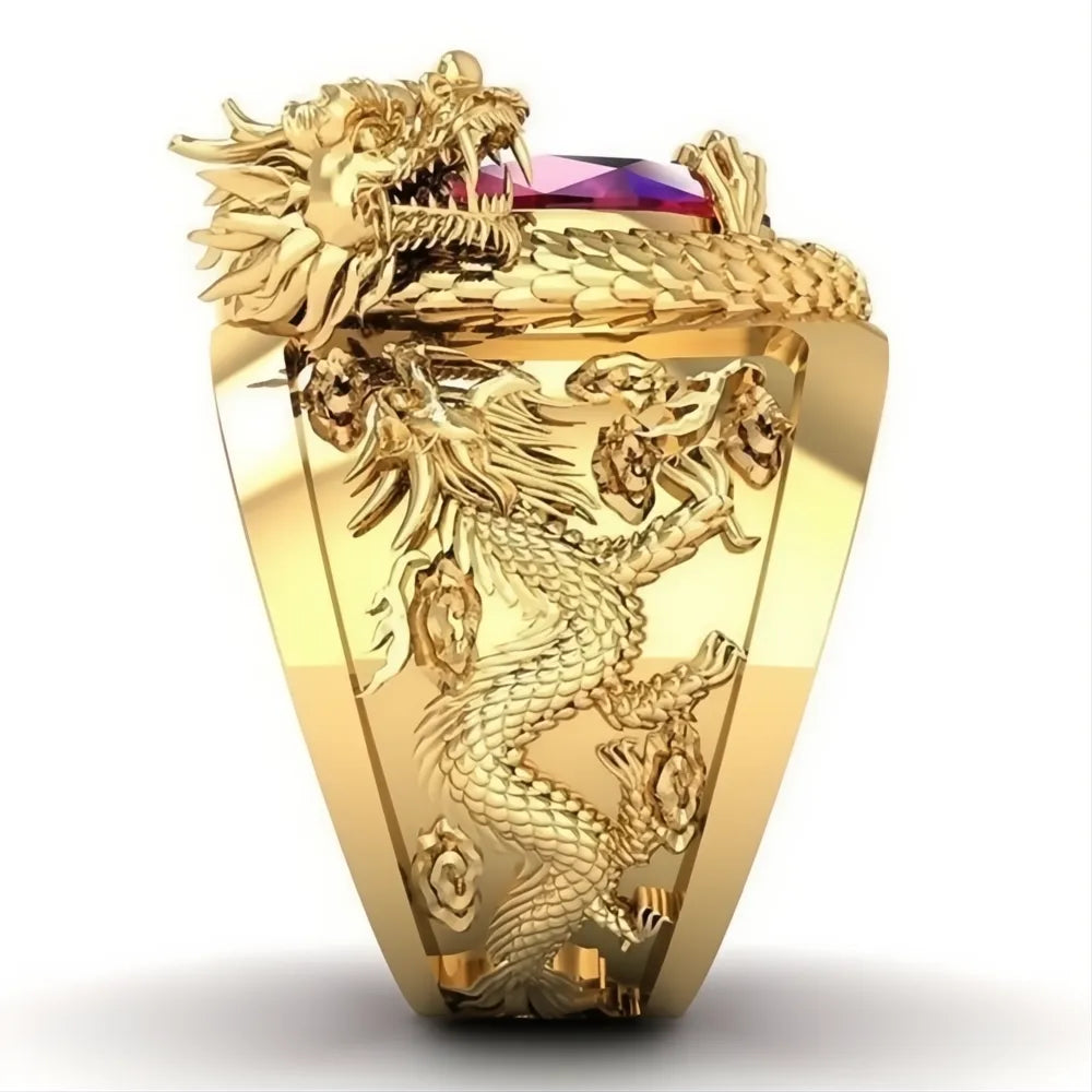 Luxury Gold Color Dragon Pattern Men Ring with Big Oval Red Cubic Zirconia Stone Wedding Party Jewelry
