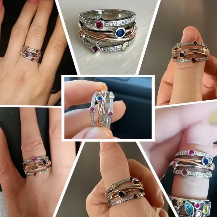 Women's Geometric Wedding Band Ring with Colorful Cubic Zirconia Stones