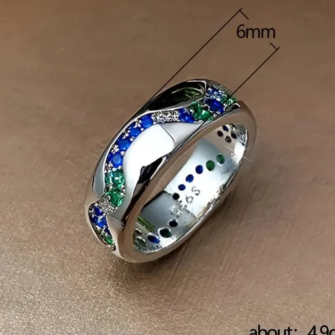 Silver Green Blue CZ Geometric Brass Band Ring for Women Stylish Jewelry