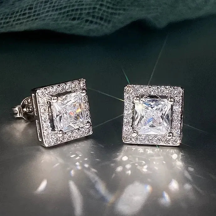 Vintage Princess Cut Cubic Zirconia Stud Earrings Silver Tone Geometric Women Jewelry