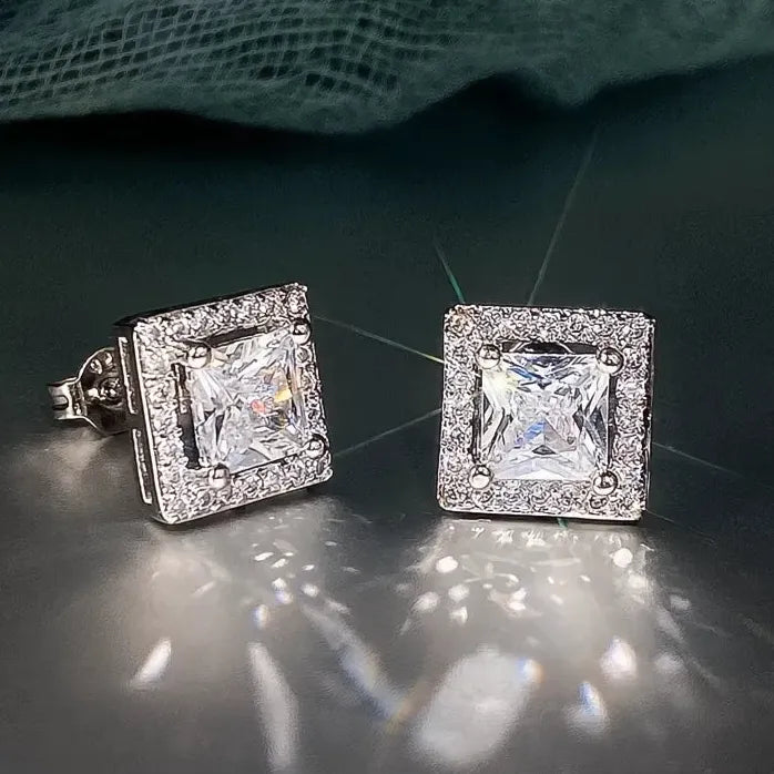 Vintage Geometric Princess Cut CZ Stud Earrings Silver Copper Alloy Women