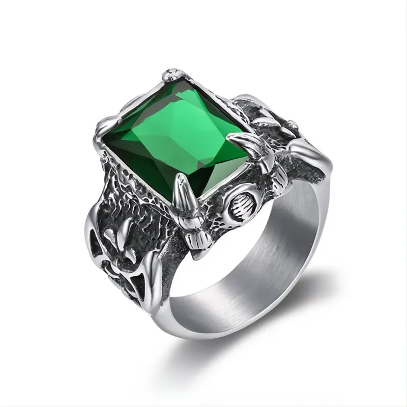 Men's Stainless Steel Viking Dragon Claw Ring with Large Zircon Stone Nordic Axe Punk Biker Jewelry