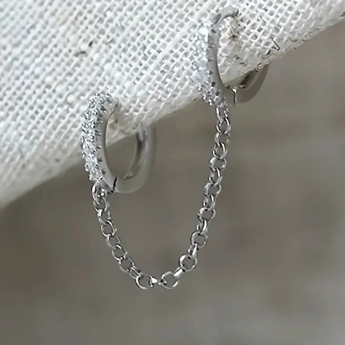 One PCS Two Hole Hoop Earrings for Women Cubic Zirconia Crystal Copper Chain Jewelry