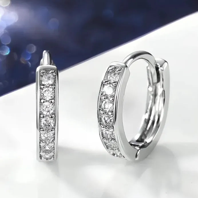 Geometric Silver Round Hoop Earrings with Shiny CZ Crystals for Women