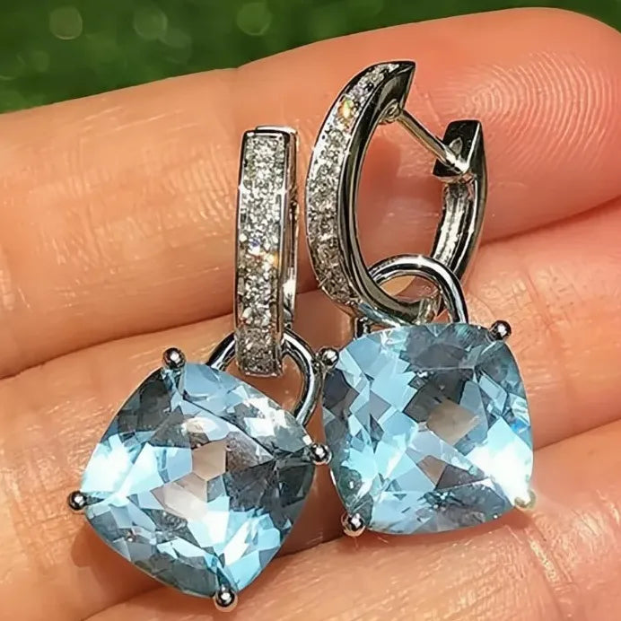 Elegant Cushion Cut Blue Cubic Zirconia Drop Earrings for Women and Girls