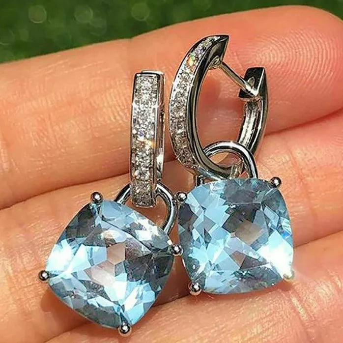 Cushion Cut Blue Cubic Zirconia Dangle Earrings for Women Copper Alloy