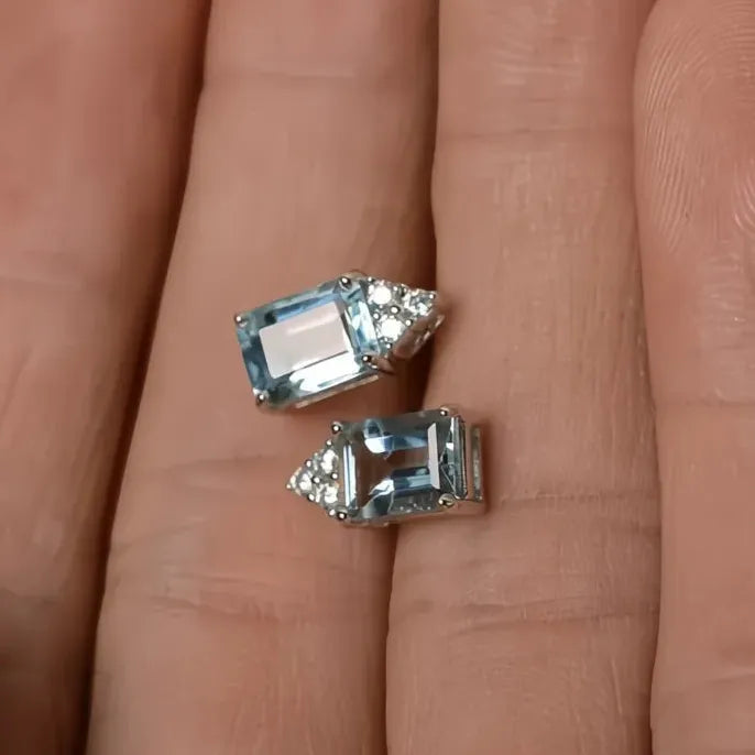 Light Blue Cubic Zirconia Geometric Silver Stud Earrings for Women