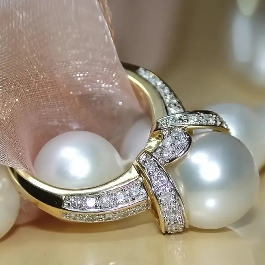Elegant Gold Imitation Pearl Wedding Ring with Shiny CZ Cubic Zirconia for Women