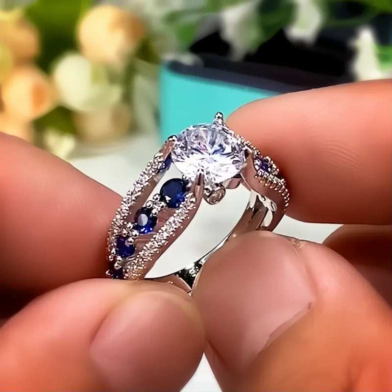 Special-interest Wedding Rings for Women Blue White Round CZ Brass Trendy Party Jewelry Gift