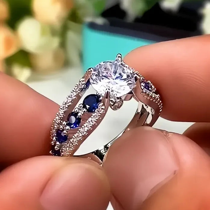 Blue White Round CZ Geometric Wedding Ring for Women Brass Jewelry Gift