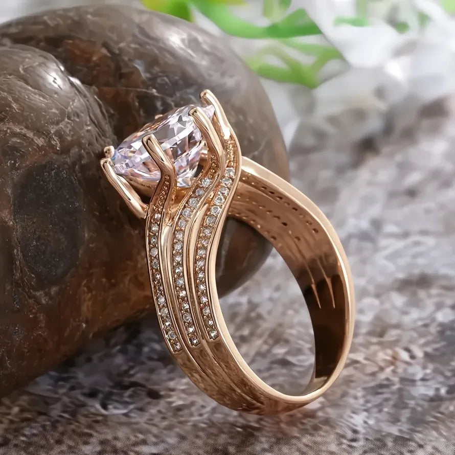12MM Cubic Zirconia Geometric Bridal Wedding Engagement Ring Gold Brass