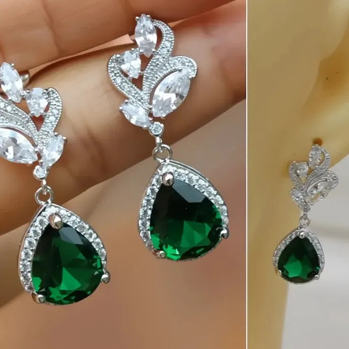 Aesthetic Green Pear Cubic Zirconia Drop Earrings Women Wedding Engagement Party Jewelry