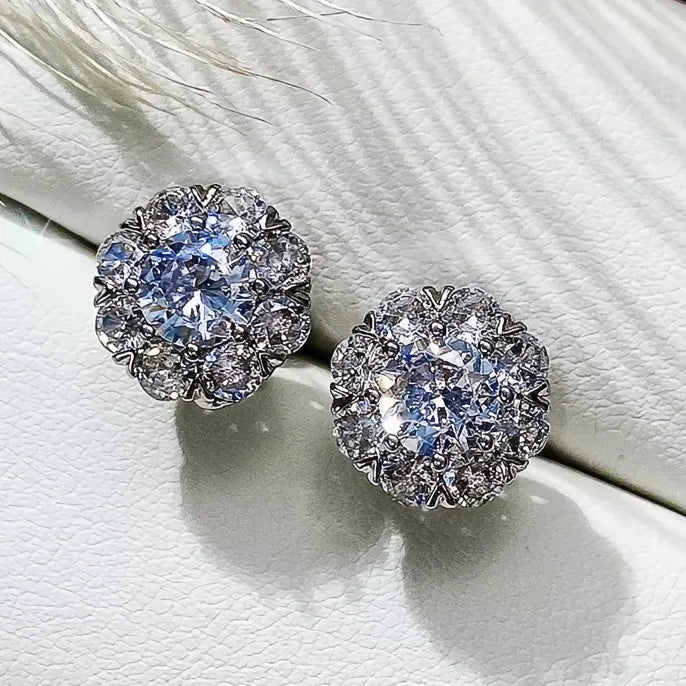 Fancy Flower Shaped Stud Earrings for Women with Full Crystal Cubic Zirconia Shiny Fashion Jewelry